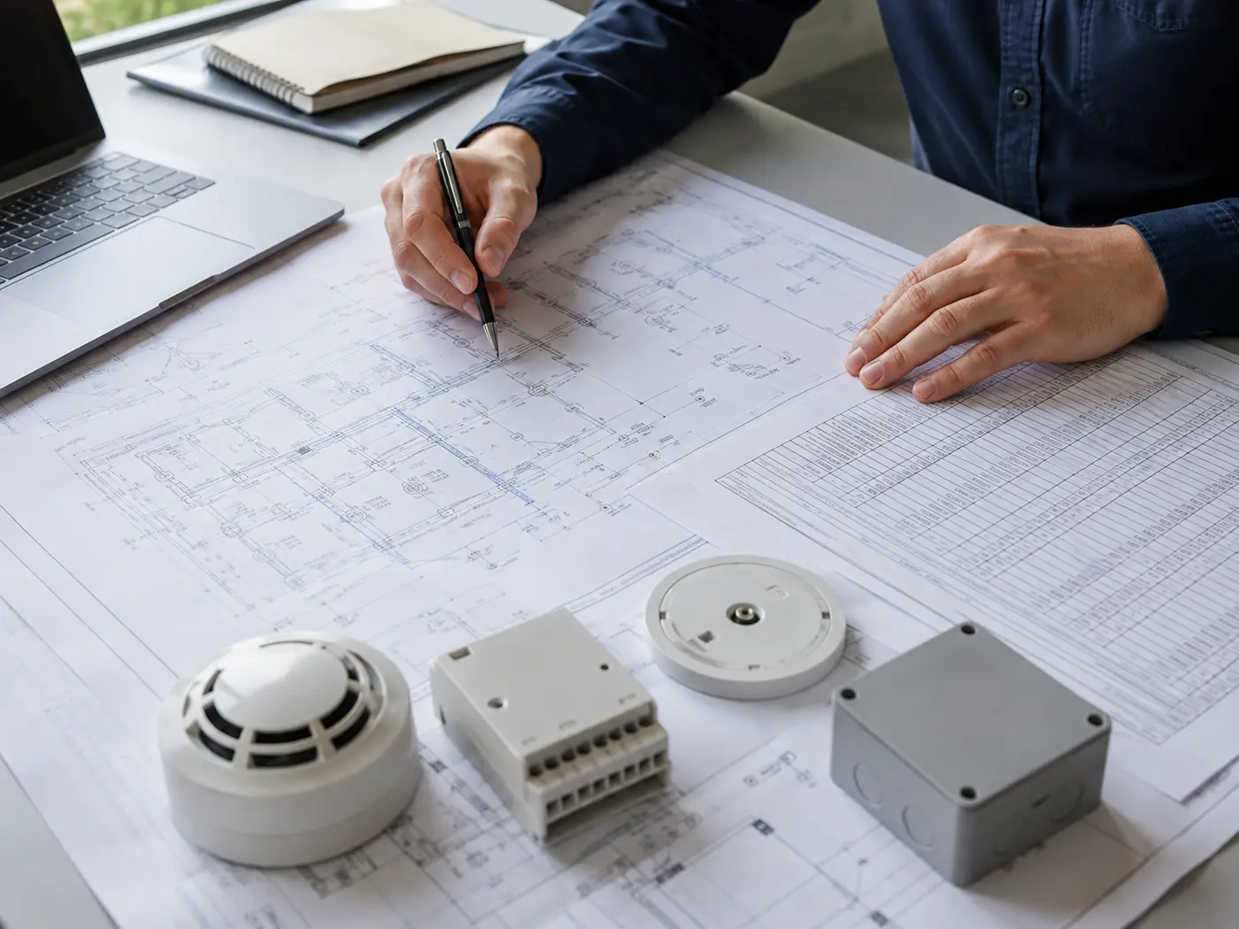 Engineer reviewing fire-detection drawings and equipment